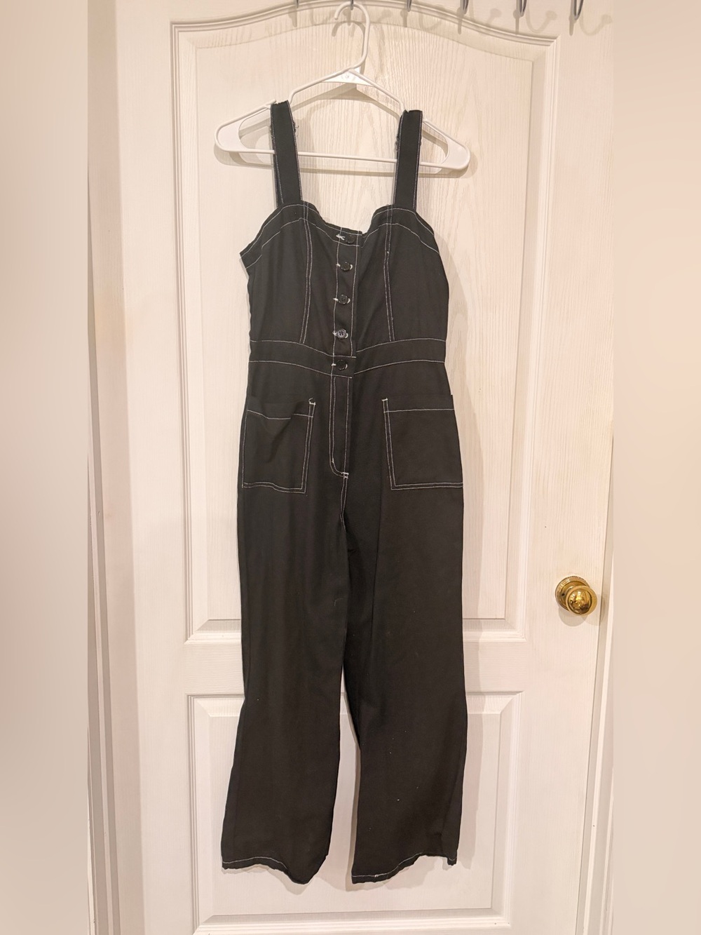 Anthropologie By Together Black Wide-Leg Button Jumpsuit with White Topstitch